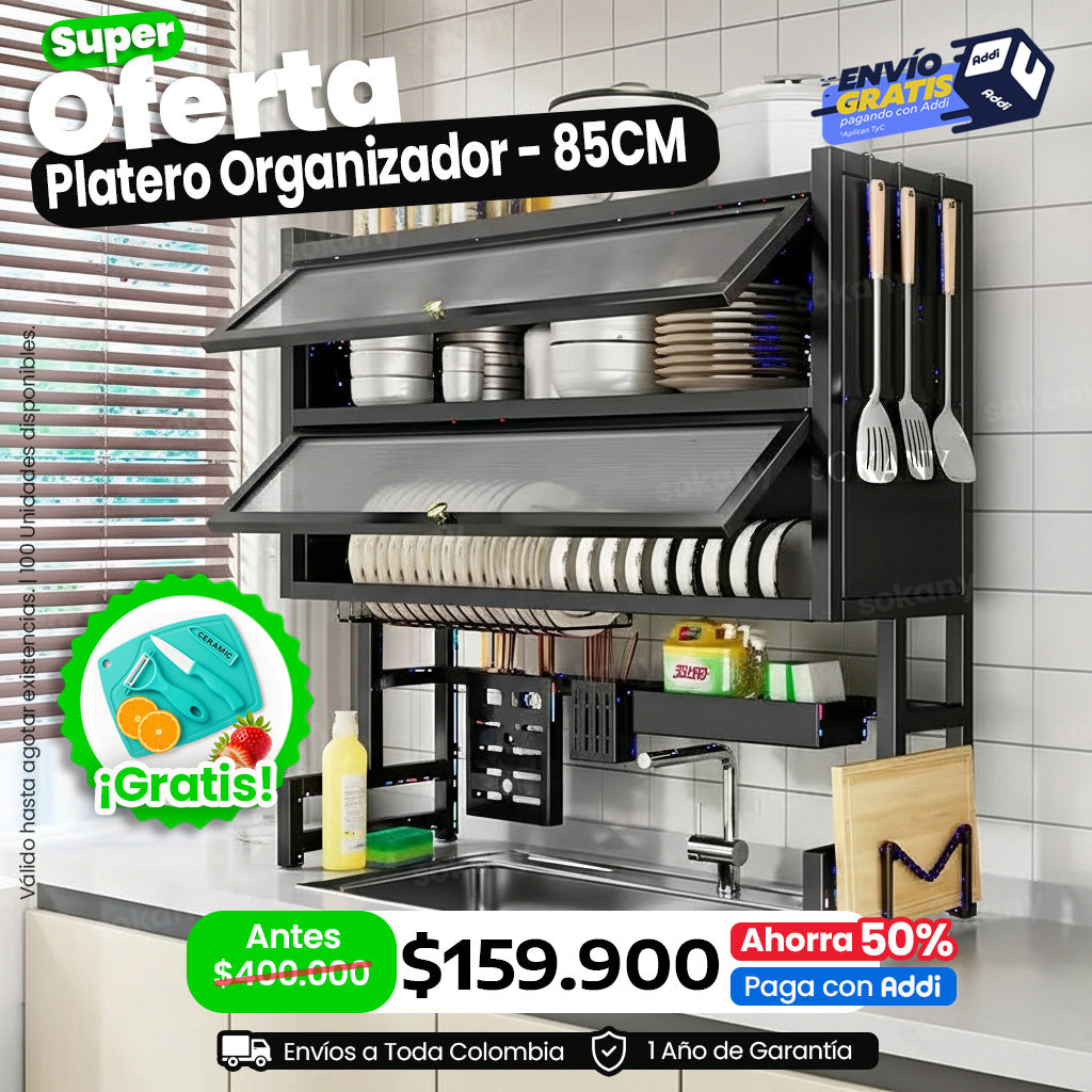 🌟 Platero Organizador 5 en 1 con Tapa – 2 Niveles en Acero Inoxidable Color Negro | Sokany® Sokany