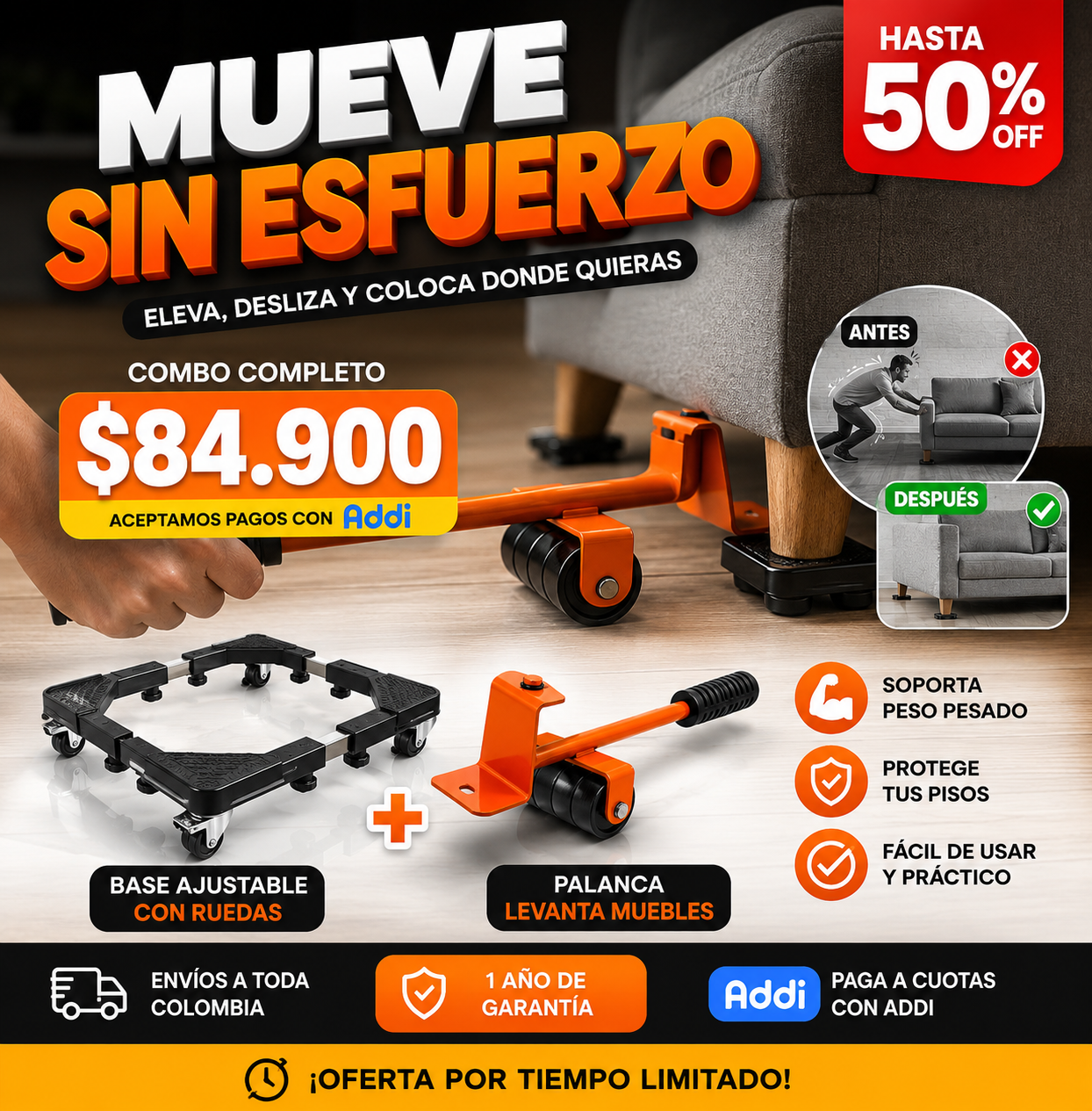 Combo base cuadrada + palanca levanta muebles Esmiho