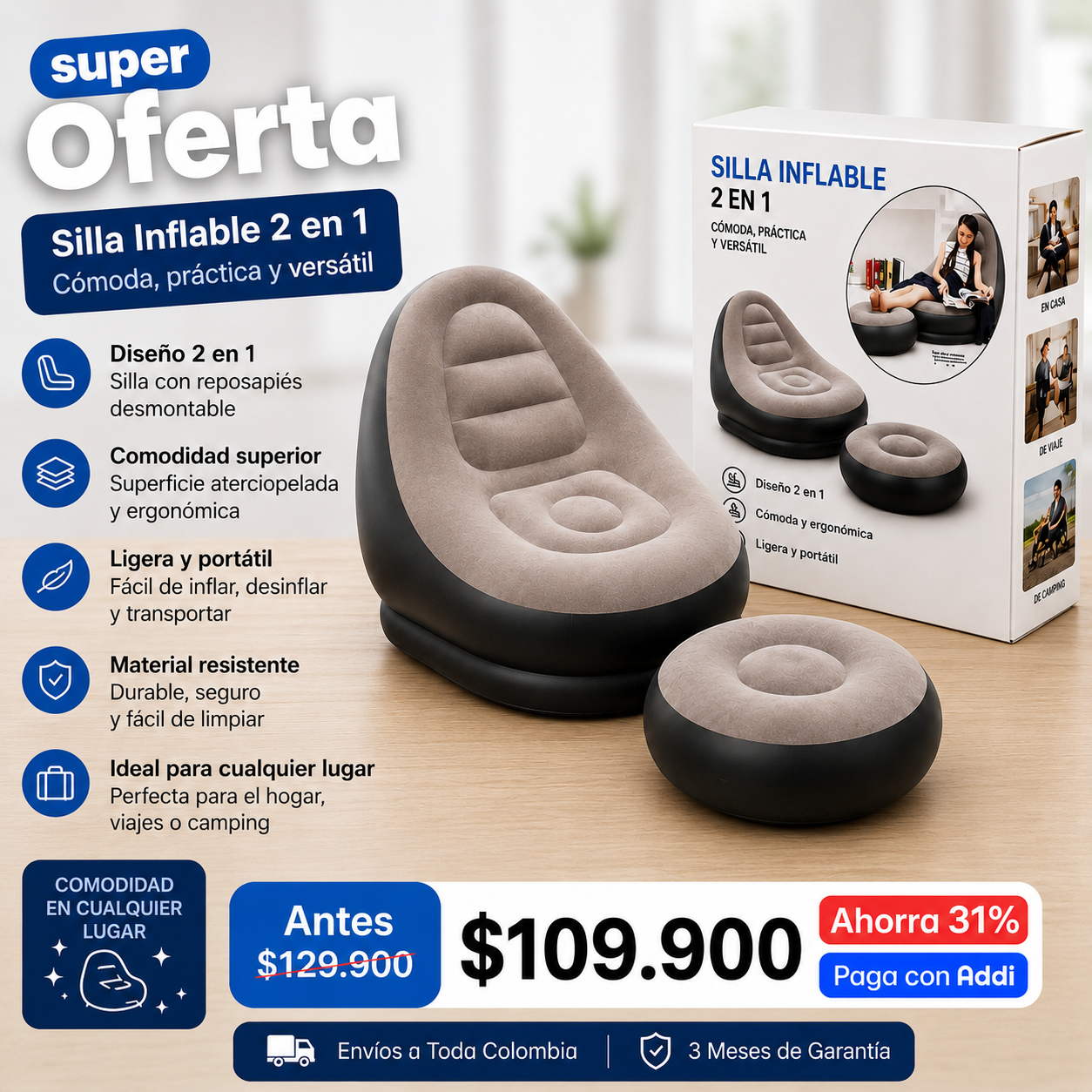 Silla inflable con reposapies Sokany