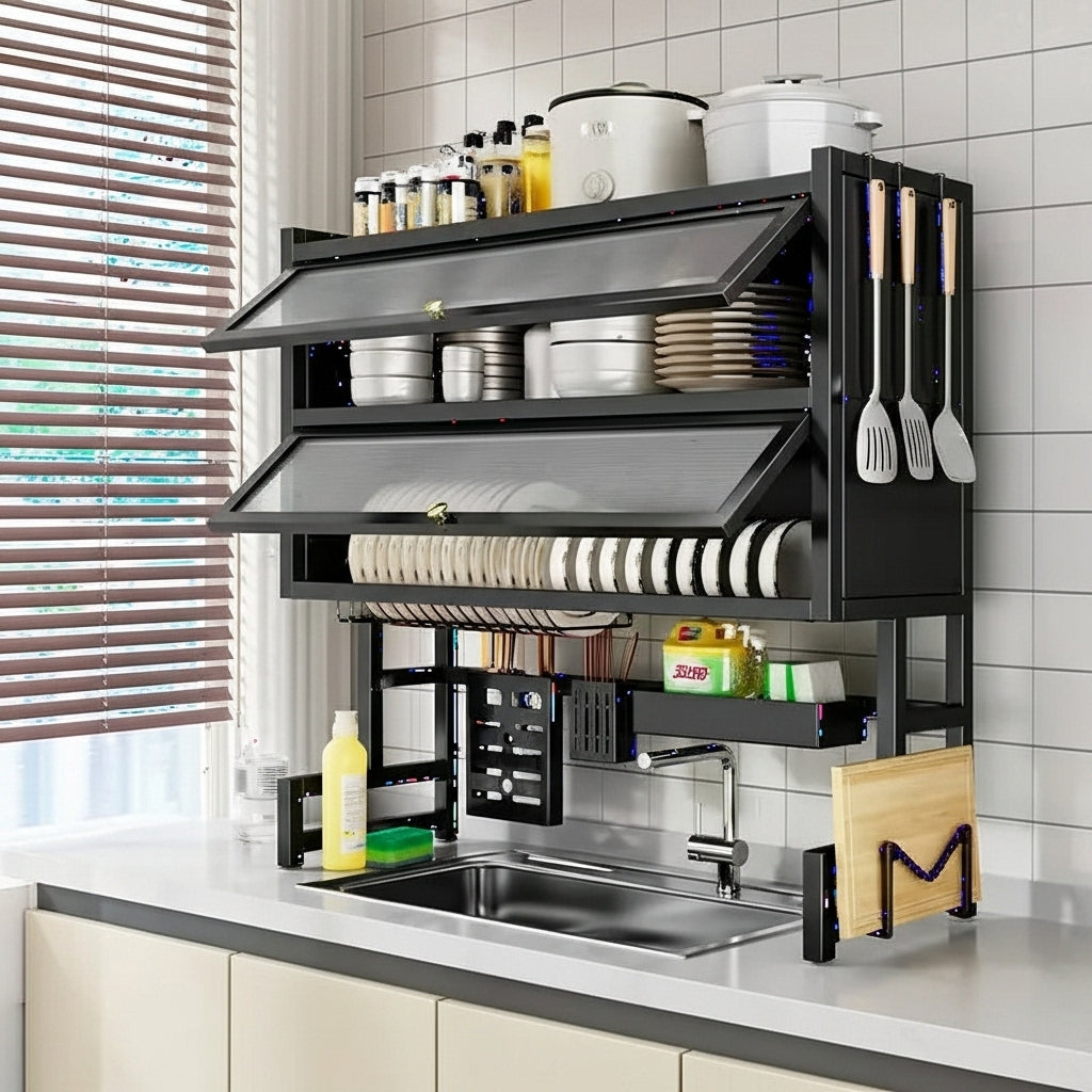 🌟 Platero Organizador 5 en 1 con Tapa – 2 Niveles en Acero Inoxidable Color Negro | Sokany® Sokany